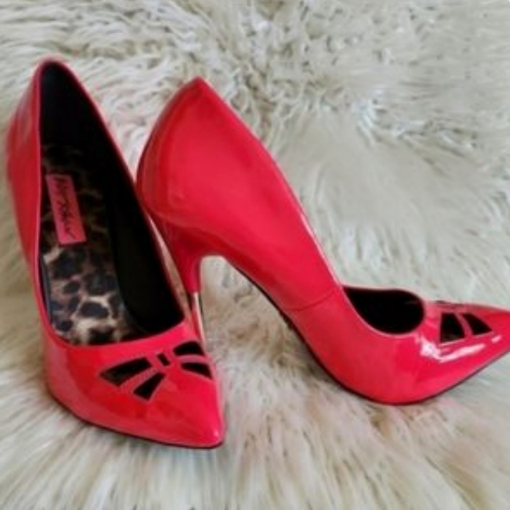 Betsey Johnson Neon Pink Patent Bow Cutout Stilettos - Leopard Print Lining